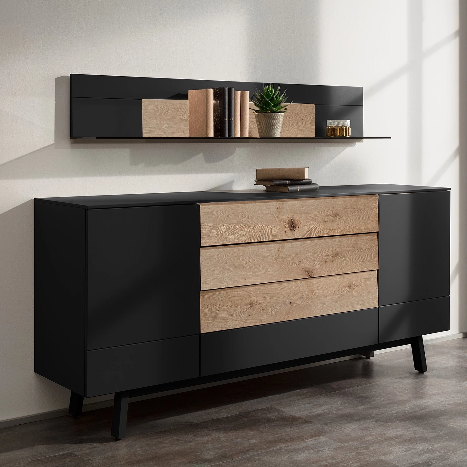 GWINNER Tablette murale Misano - Placage en bois véritable / Verre - Planches de chêne / Gris - Anthracite / Chêne sauvage - Sans éclairage – Image 2