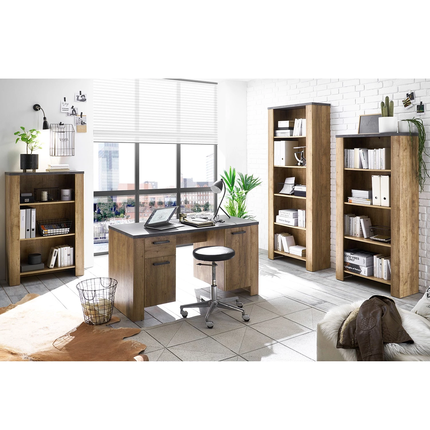 Étagère Lithgow - Imitation chêne sauvage / Anthracite - Hauteur : 200 cm – Image 2