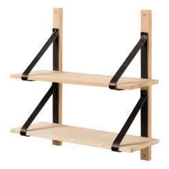 Red Living Étagère murale Nakuru - Hêtre massif / Cuir véritable - Hêtre / Noir