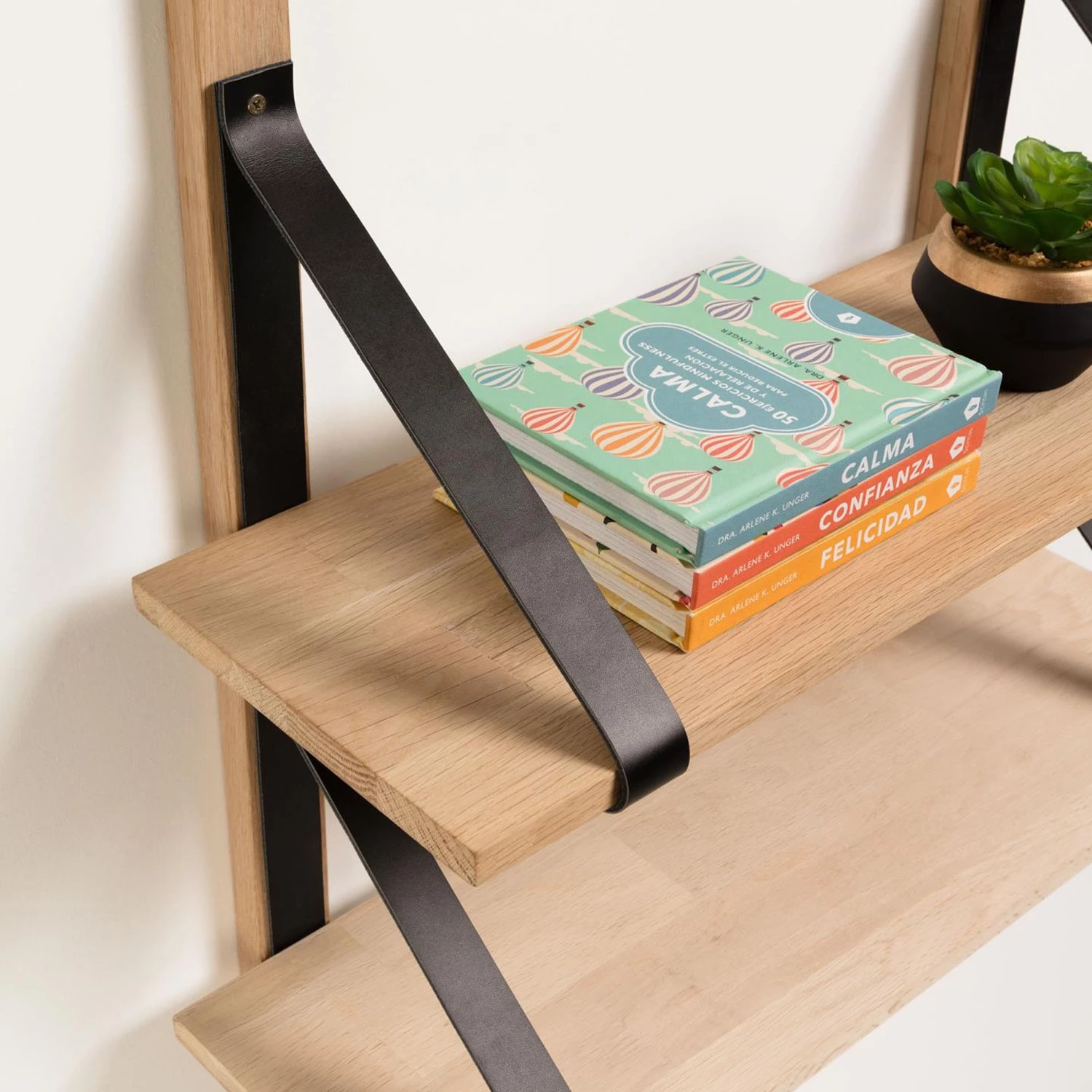 Red Living Étagère murale Nakuru - Hêtre massif / Cuir véritable - Hêtre / Noir – Image 6