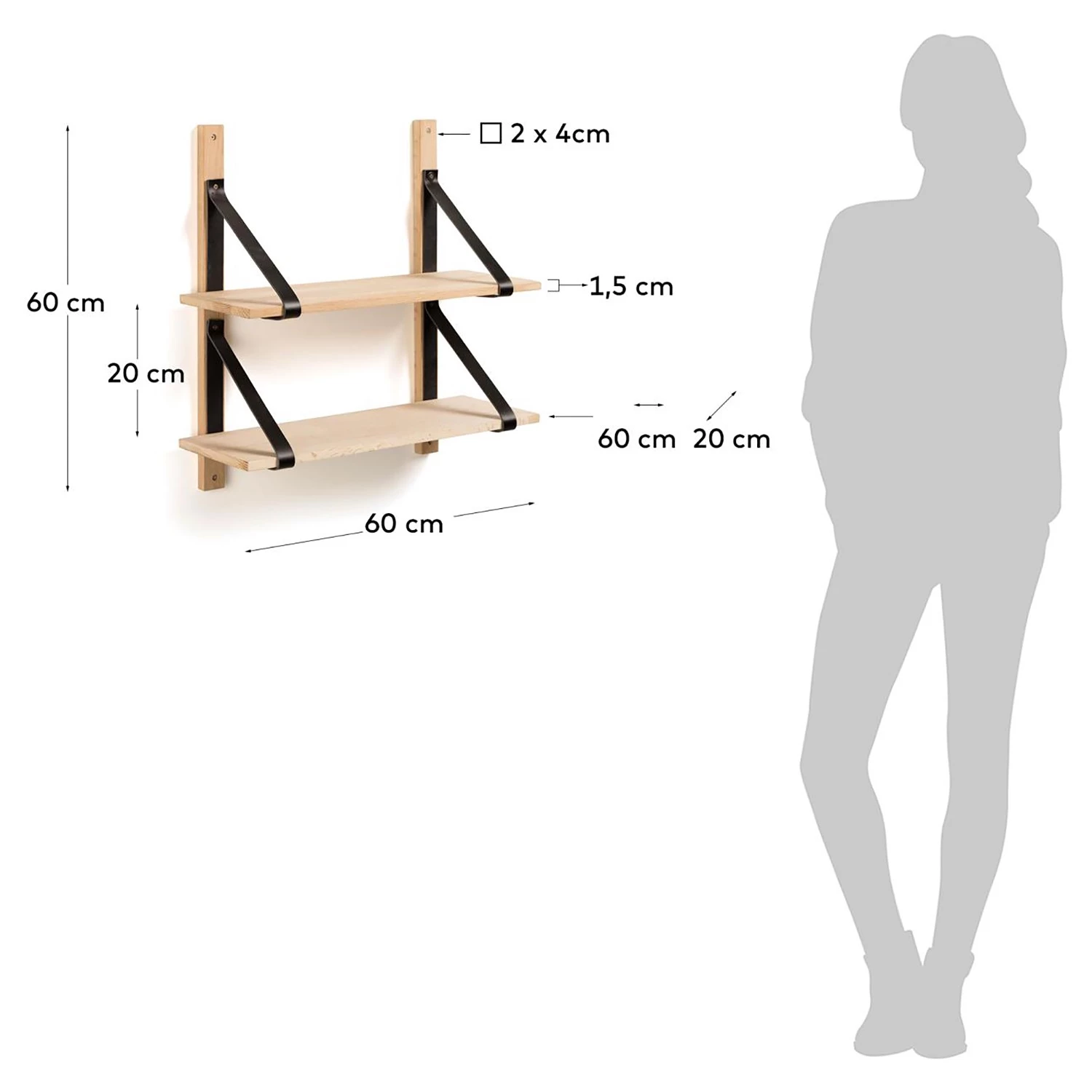 Red Living Étagère murale Nakuru - Hêtre massif / Cuir véritable - Hêtre / Noir – Image 9