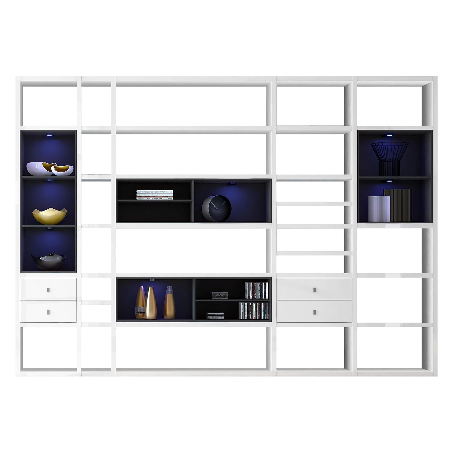 Loftscape Etagère XXL Emporior III - Blanc brillant / Noir - Avec éclairage